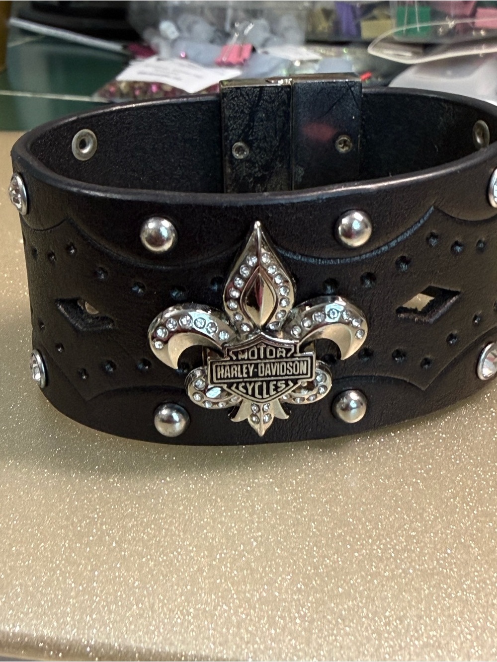 Harley-Davidson Black Leather Fleur-de-Lis Stud Bracelet with Rhinestone Emblem